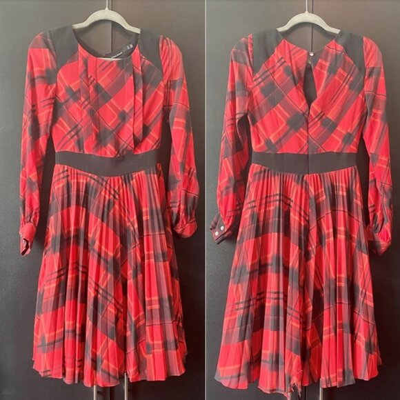 Karen Millen 100% Silk Check Print Fit & Flare Long Sleeve Dress - Size 4 - Picture 6 of 16